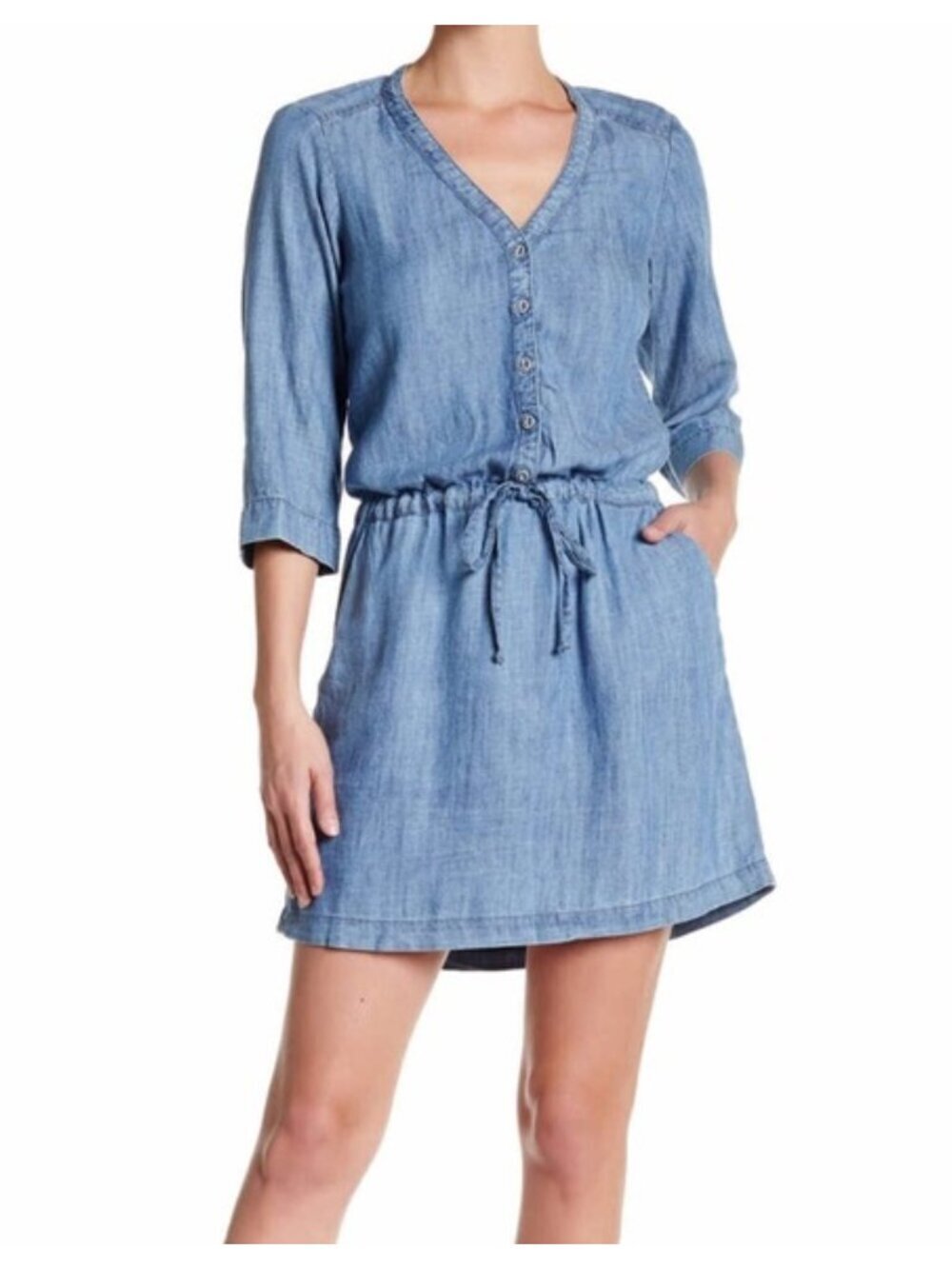 Michael Stars Chambray Tencel Linen Shirt Dress Size S Drawstring Button Down